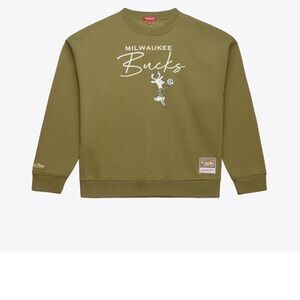 NWT Milwaukee Bucks Mitchell Ness Womens Olive Lightweight Script Sweatshirt $90